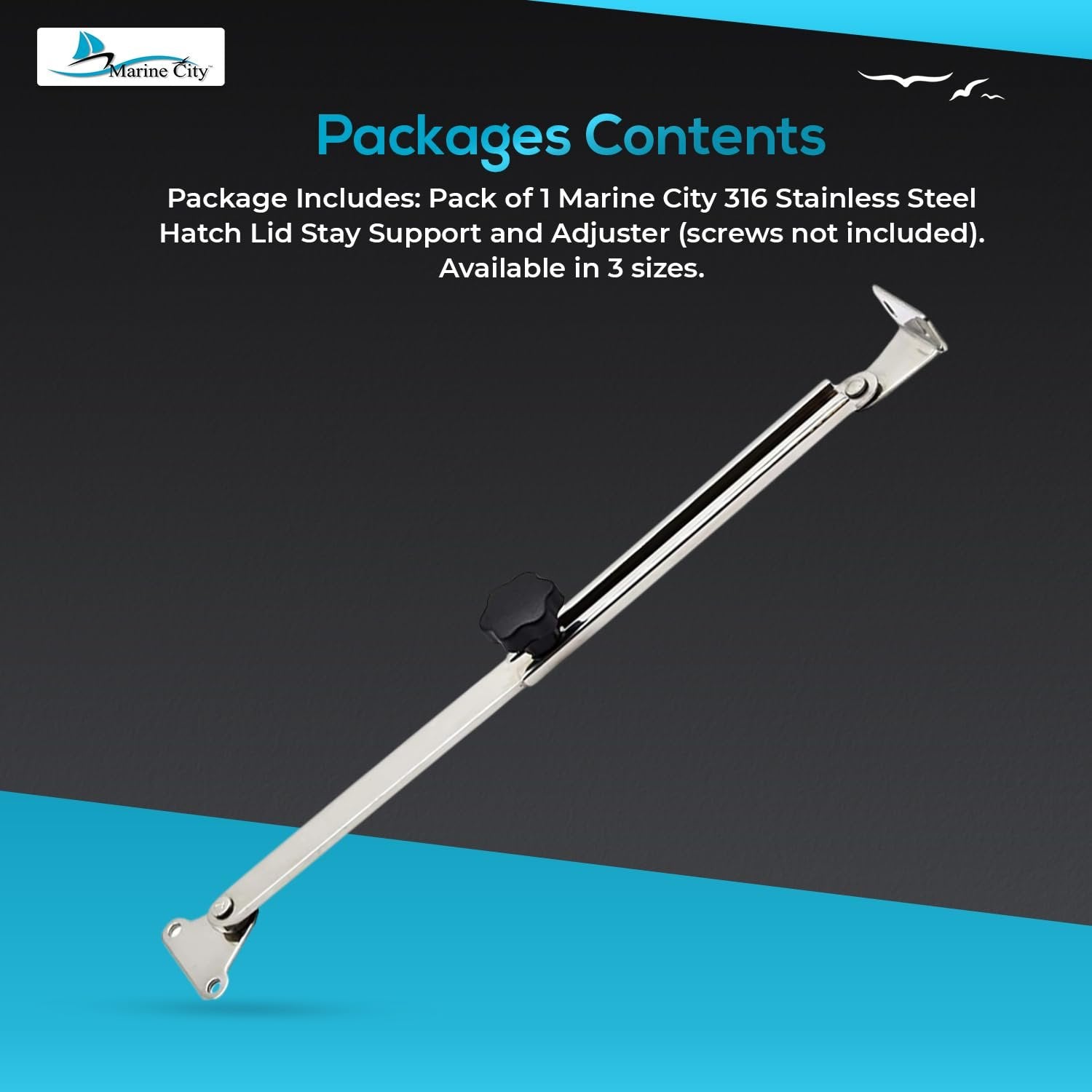 Marine City Hatch Lid Stay Support & Adjuster, 316 Stainless Steel (Large) Marine City Hardware