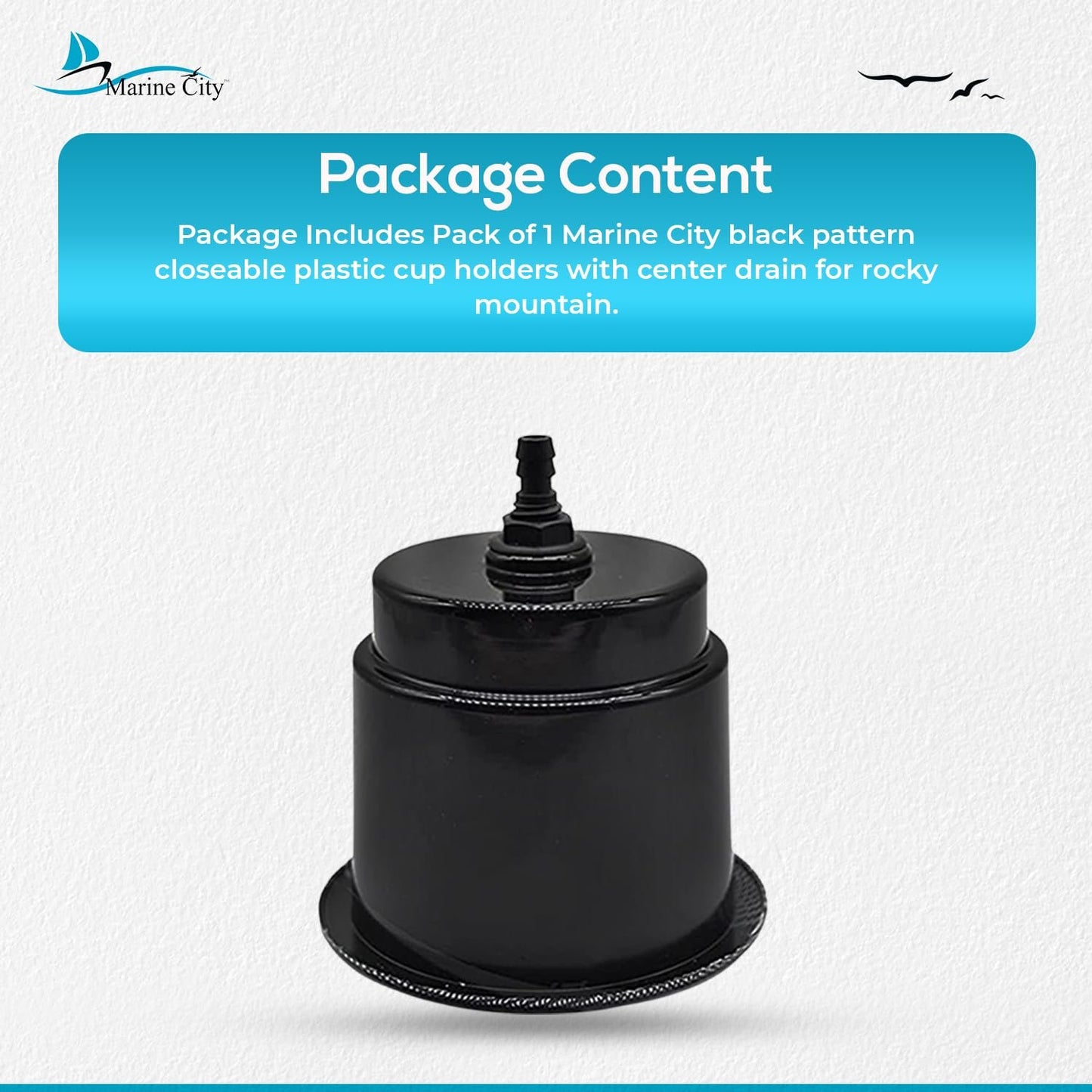 Marine City Black Closeable Plastic Cup Holder with Drain – Flush Mount Design