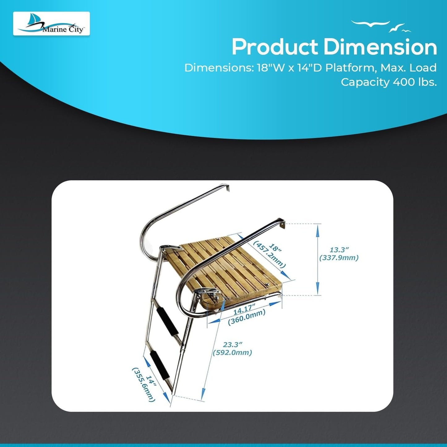 Marine City Stainless Steel 2-Step Swim Teak Platform Telescoping Boat Ladder MARINE CITY