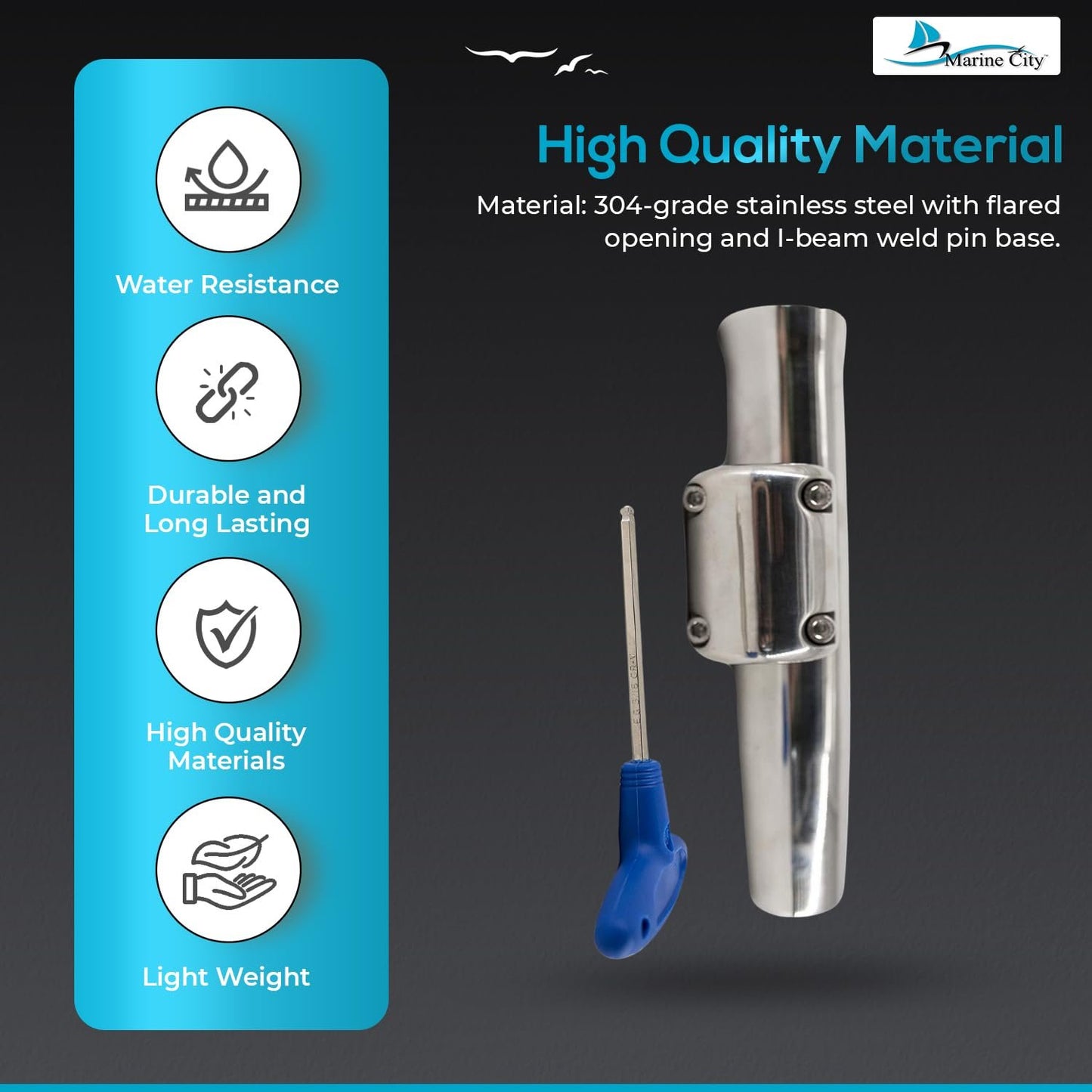 Marine City Adjustable Fishing Rod Holder – 304 Stainless Steel Clamp-On