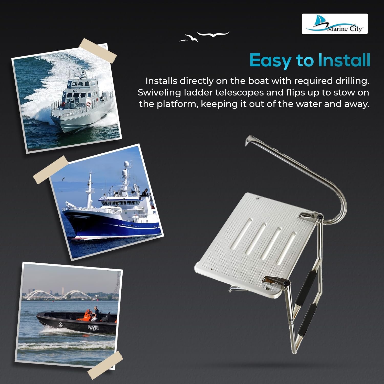 Marine City 304 Stainless Steel 2-Step O/B Swim Platform Telescoping Boat Ladder Marine City