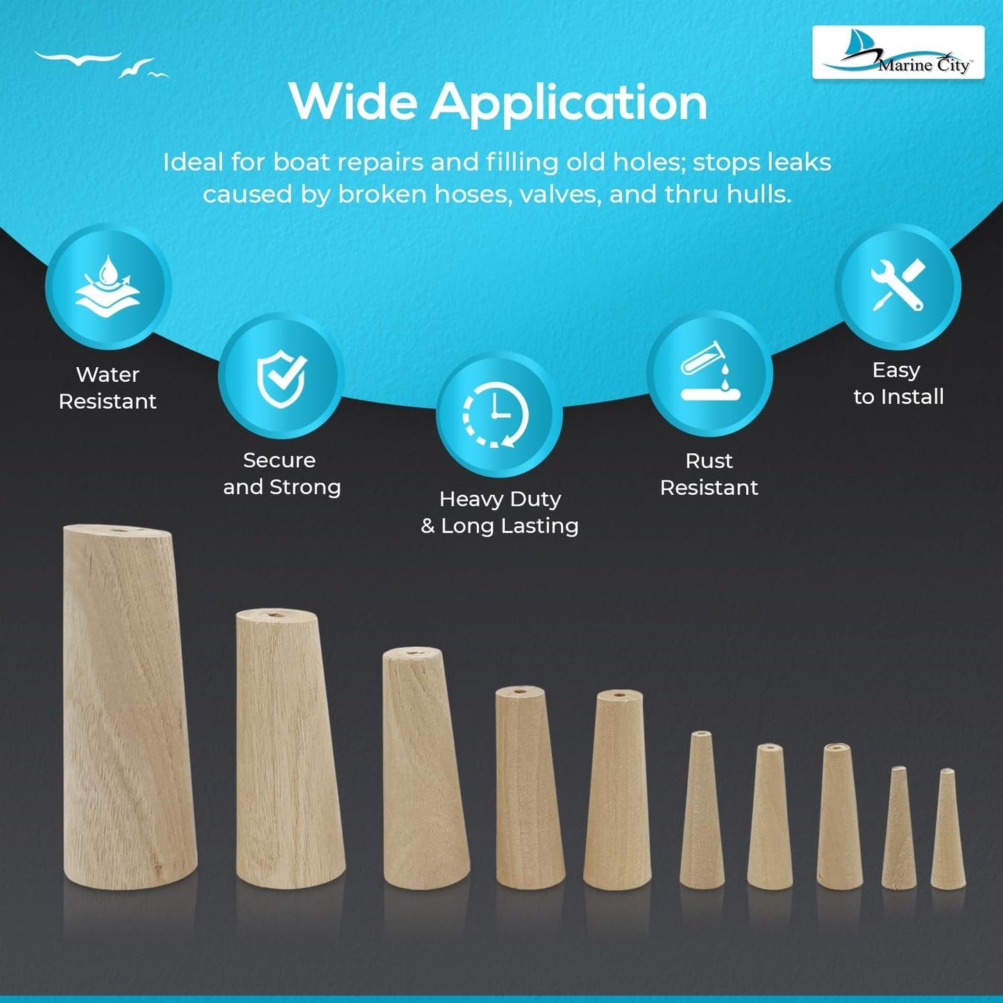 MARINE CITY Boat Emergency Tapered Soft Wood Thru-Hull Plugs Kit – Pack of 10 Marine City Hardware