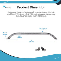 Marine City 12/16/18 Inches Marine 304 Stainless-Steel Handrail/Grab Rail Handle with Double End Studs (1Pcs)