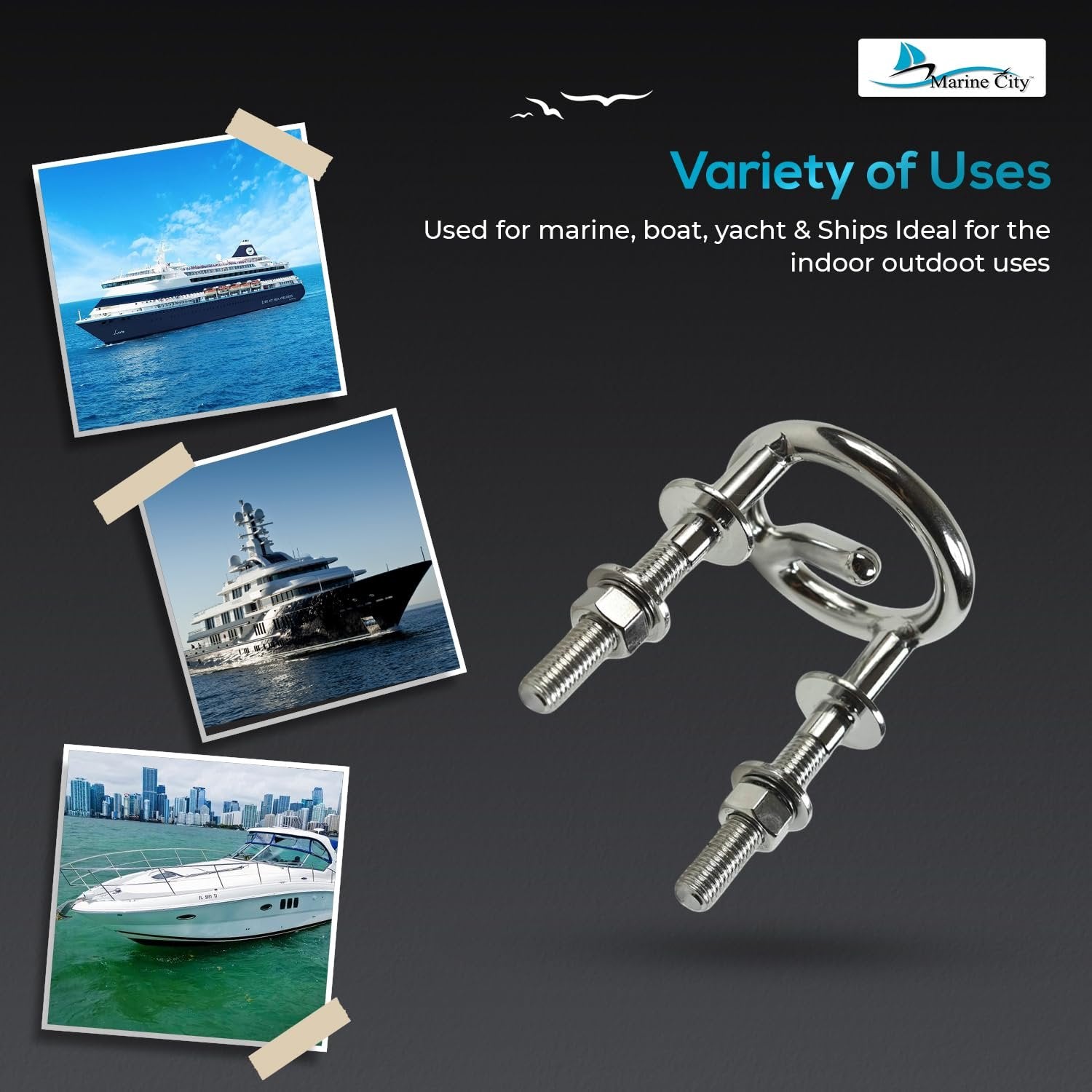 MARINE CITY Transom Mount Ski Tow Hook – 316 Stainless Steel, 3-1/2 Inches Ring Marine City
