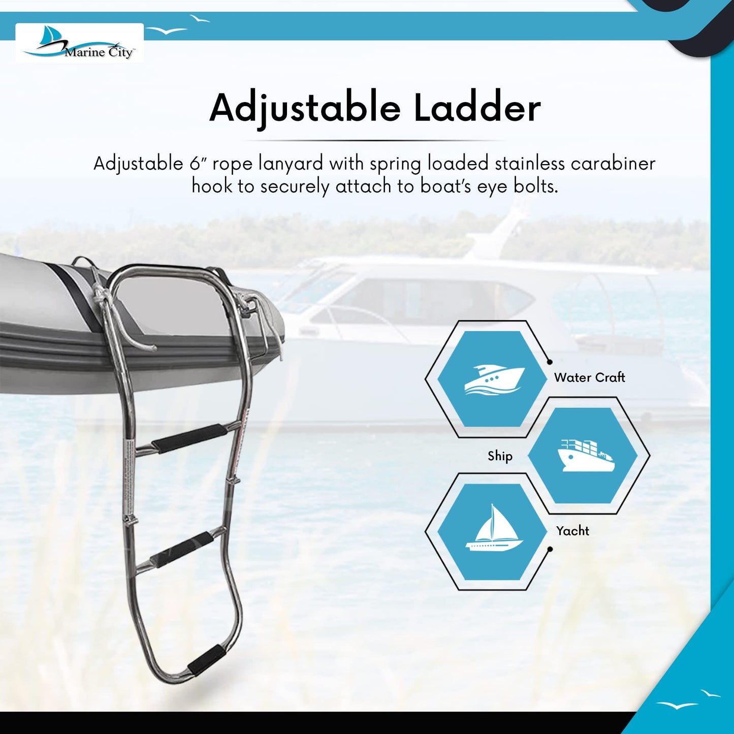 Marine City Escalera para barco inflable/pontón plegable de 3 escalones de acero inoxidable