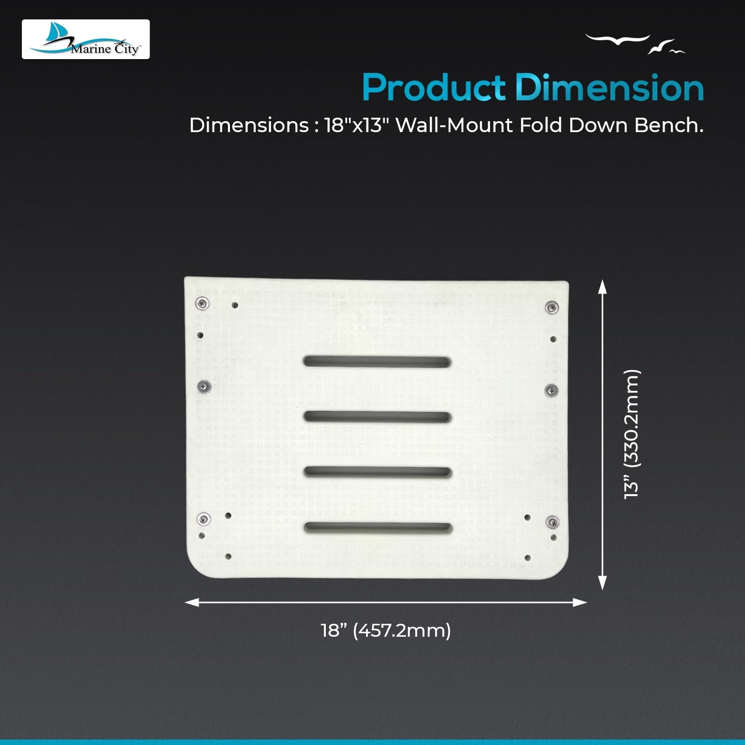 Marine City 18” x 13” Wall-Mount Fold Down Bench – 304 Stainless Steel Brackets MARINE CITY