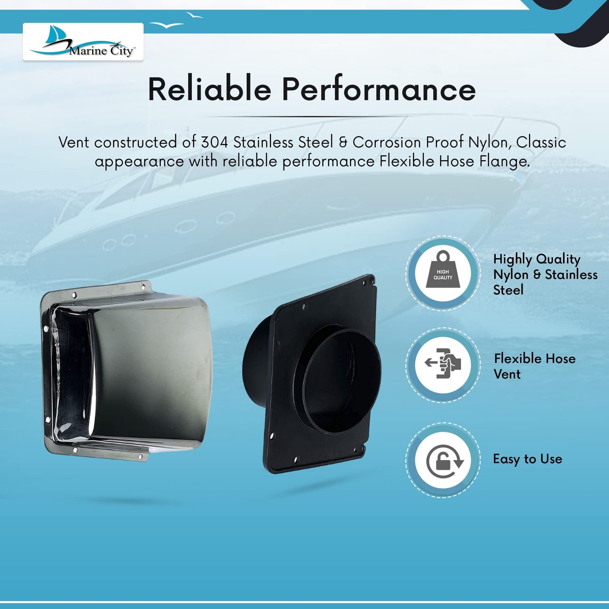Marine City Intake & Exhaust Cowl Ventilator–304 Stainless Steel, 3” Hose Flange Marine City