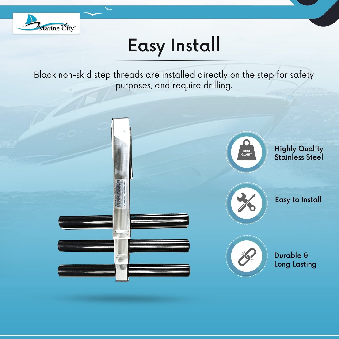 Marine City 3 Step Telescoping Ladder, Stainless Steel, Flip-Up, Anti-Slip Steps Marine City Hardware