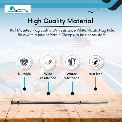 Marine City 21" Rail Mounted Flag Staff – 304 Stainless Steel, with US Flag Marine City