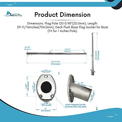 MARINE CITY 30-Inch Flag Stanchion Pole & Base Kit – Stainless Steel, Adjustable MARINE CITY