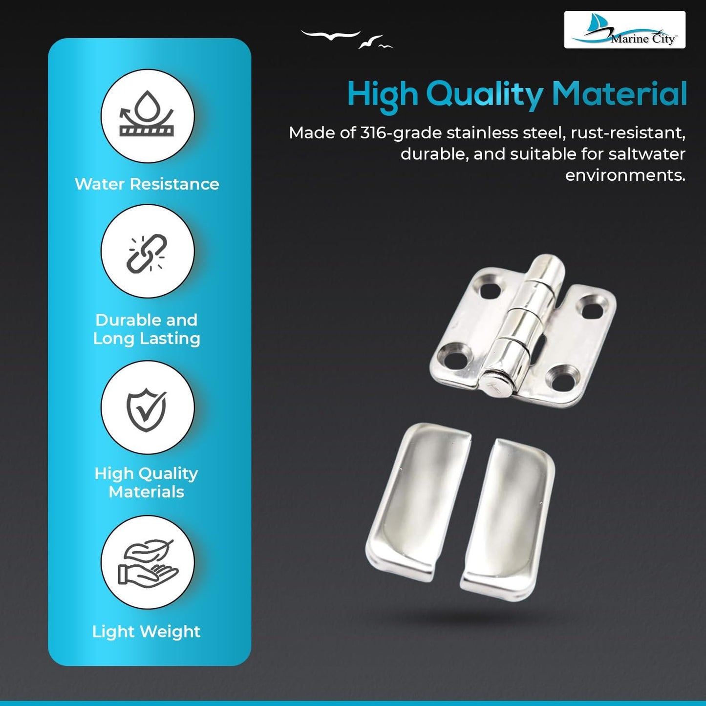 Marine City Stainless Steel Covered Strap Hinges w/ Cover Caps 3” × 1.5” (2 Pcs)