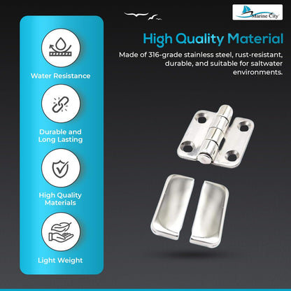 Marine City Stainless Steel Covered Strap Hinges w/ Cover Caps 3” × 1.5” (2 Pcs)