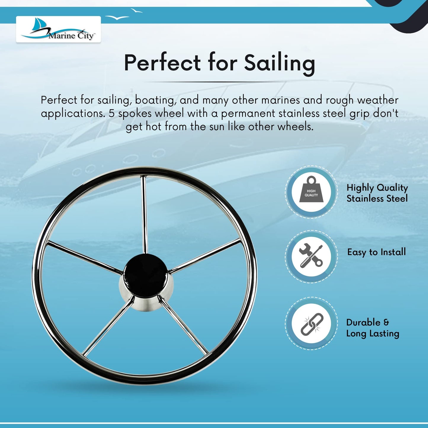 Marine City 5-Spoke Stainless Steel Steering Wheel – 304 Corrosion-Resistant