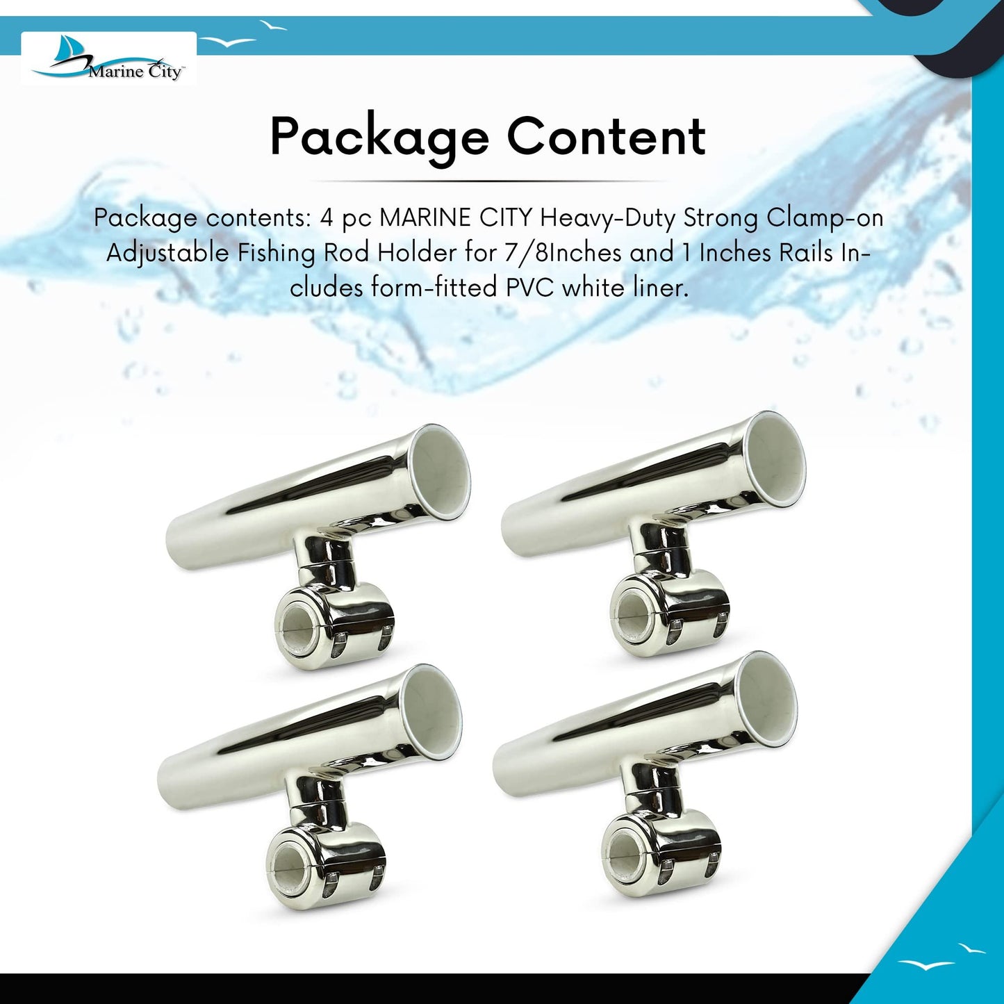 MARINE CITY Soporte para caña de pescar ajustable con abrazadera fuerte y resistente para rieles de 7/8 pulgadas y 1 pulgada (4 piezas)