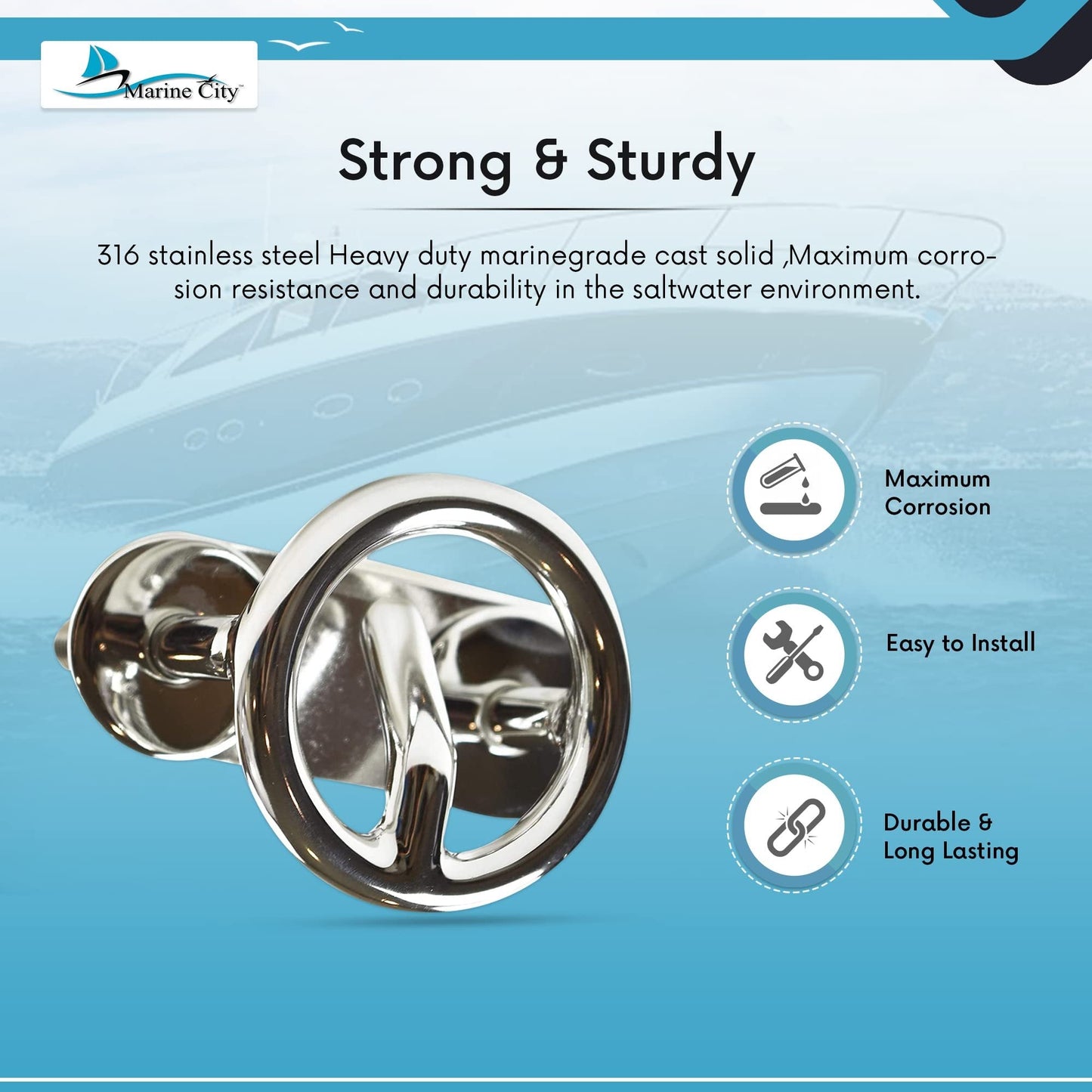 MARINE CITY Transom Mount Ski Tow Hook – 316 Stainless Steel, 3 inches Ring Marine City