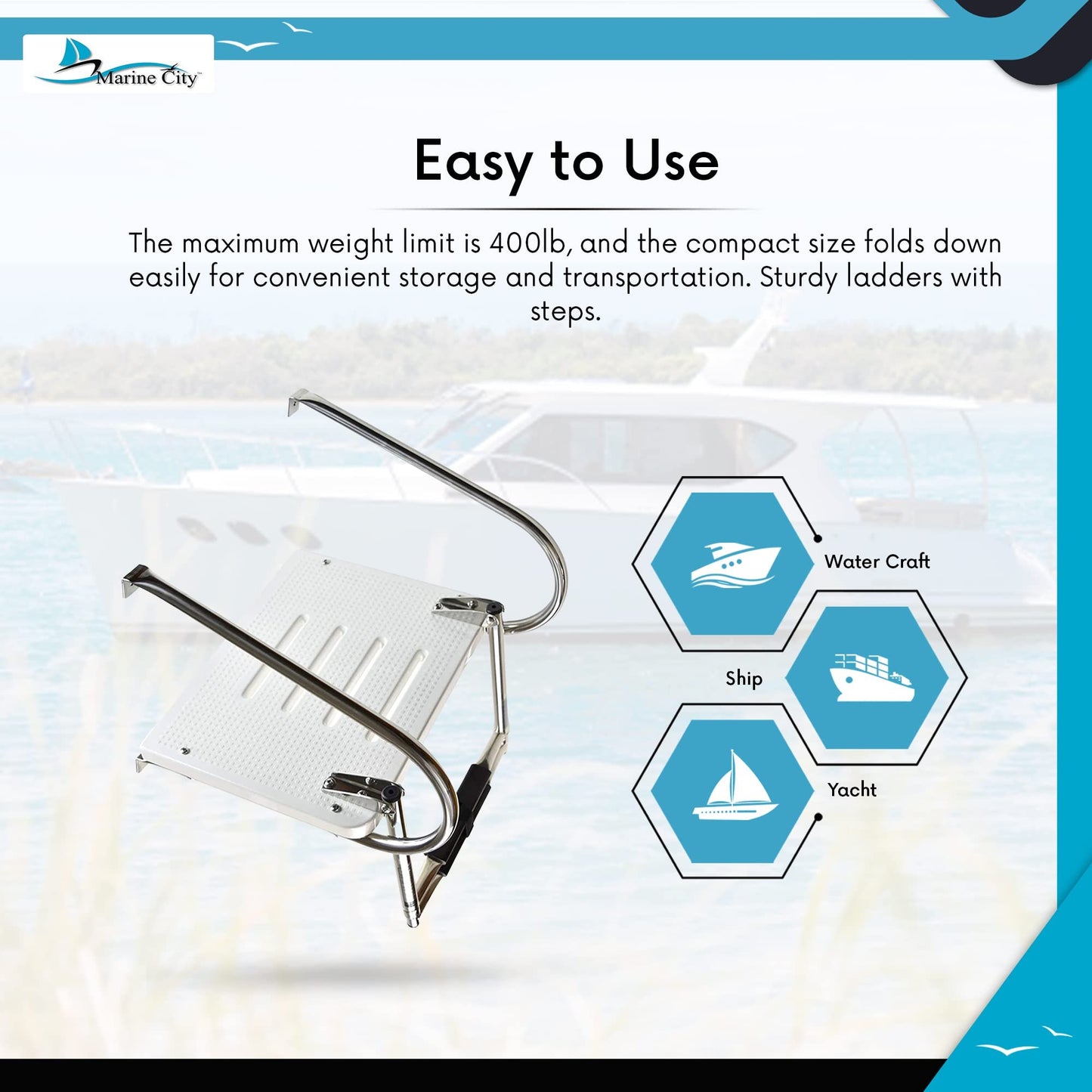 Marine City 304 Stainless Steel Anti-Slip 2-Step Telescoping Swim Ladder