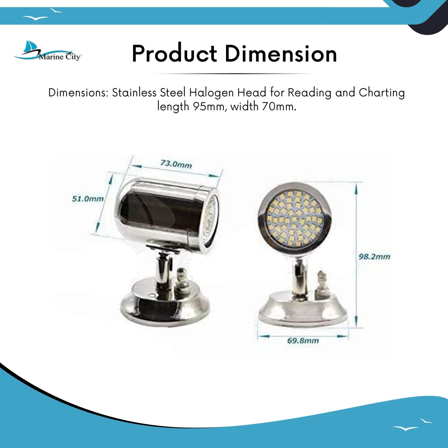 Marine City 316 Stainless Steel Swivel Head Halogen Reading Light – Adjustable