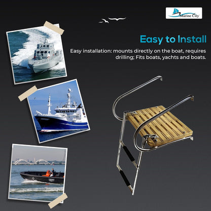 Marine City Stainless Steel 2-Step Swim Teak Platform Telescoping Boat Ladder MARINE CITY