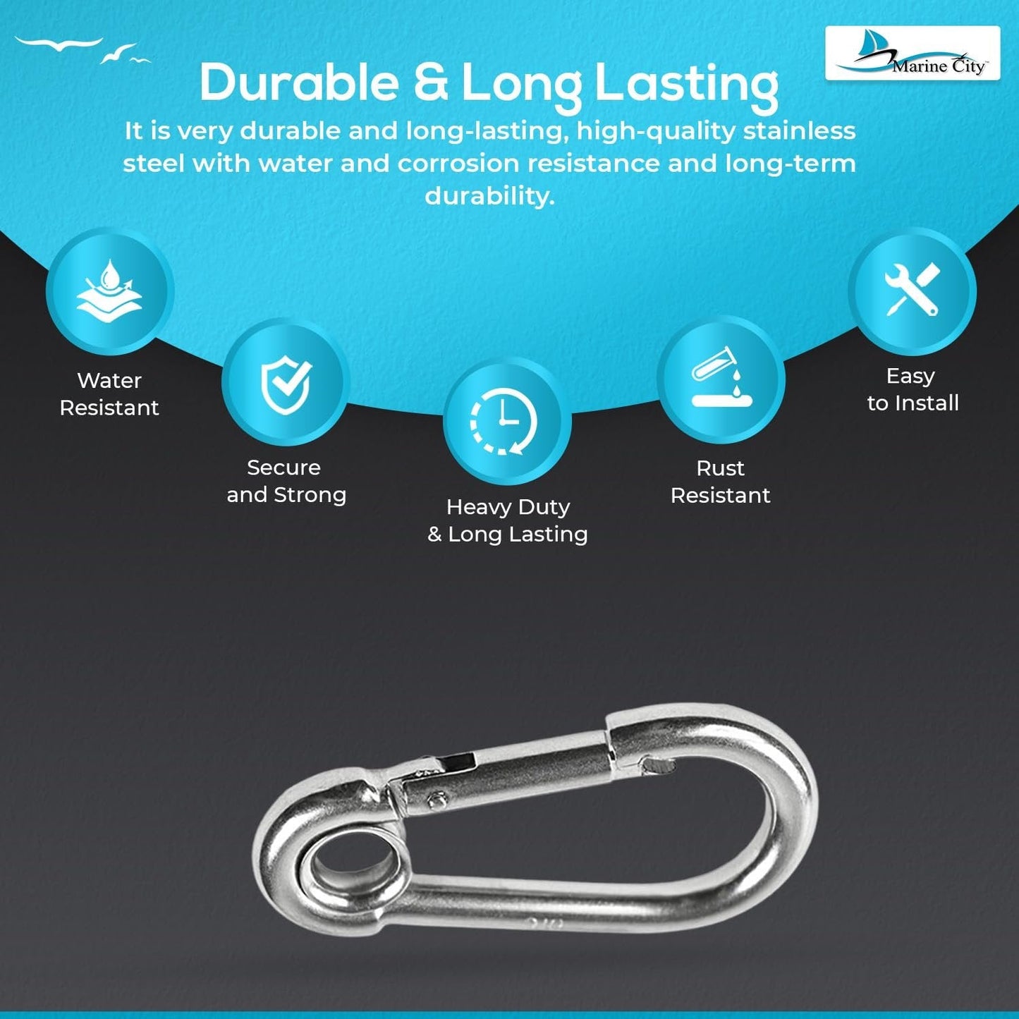 Marine City Carabiner Clip Snap Hook with Ring, Stainless Steel, 2-3/8" Durable MARINE CITY