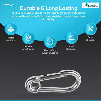 Marine City Carabiner Clip Snap Hook with Ring, Stainless Steel, 2-3/8" Durable MARINE CITY
