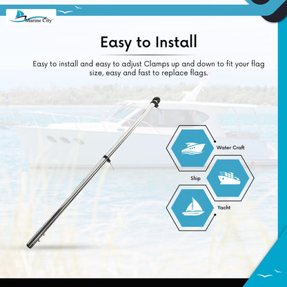 Marine City 32” Flag Stanchion Pole, Stainless Steel with 316 Base, Adjustable MARINE CITY