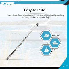 Marine City 32” Flag Stanchion Pole, Stainless Steel with 316 Base, Adjustable