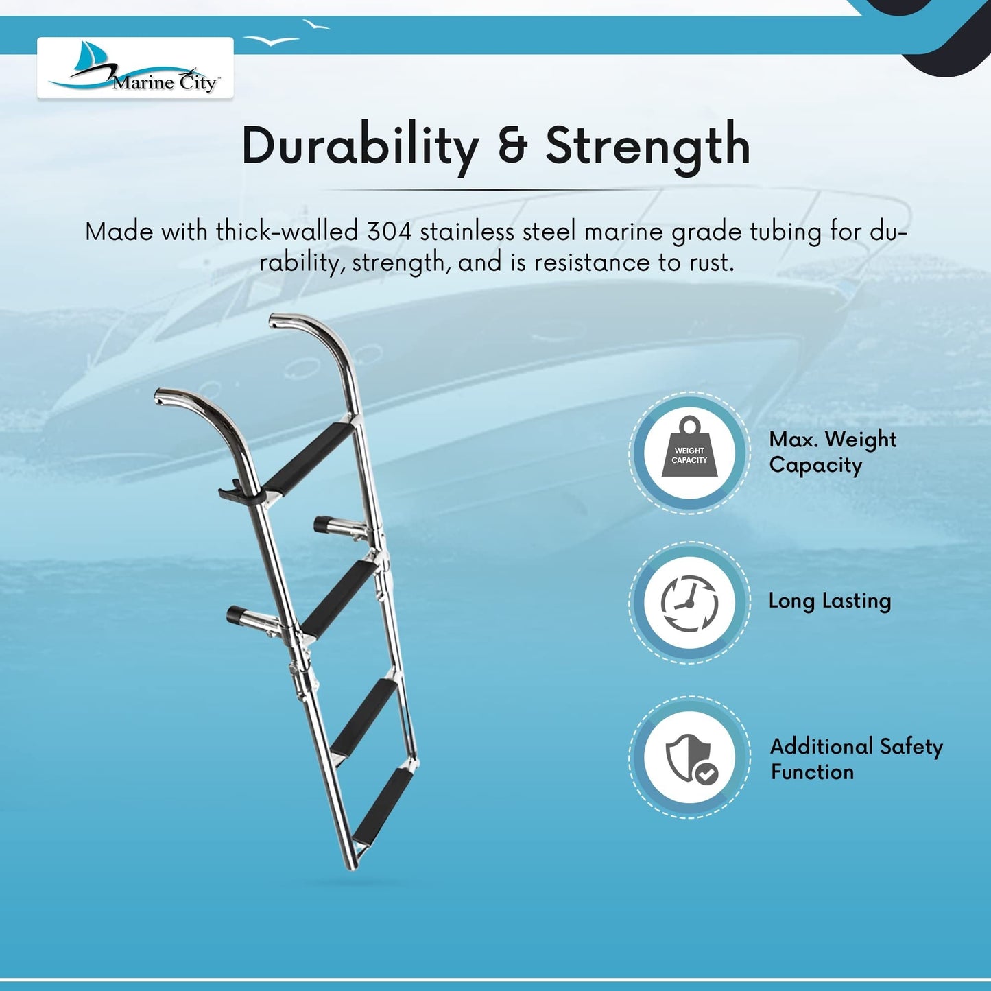 Marine City 2+2 Step Foldable Boarding Ladder – 304 Stainless Steel Boat Ladder Marine City