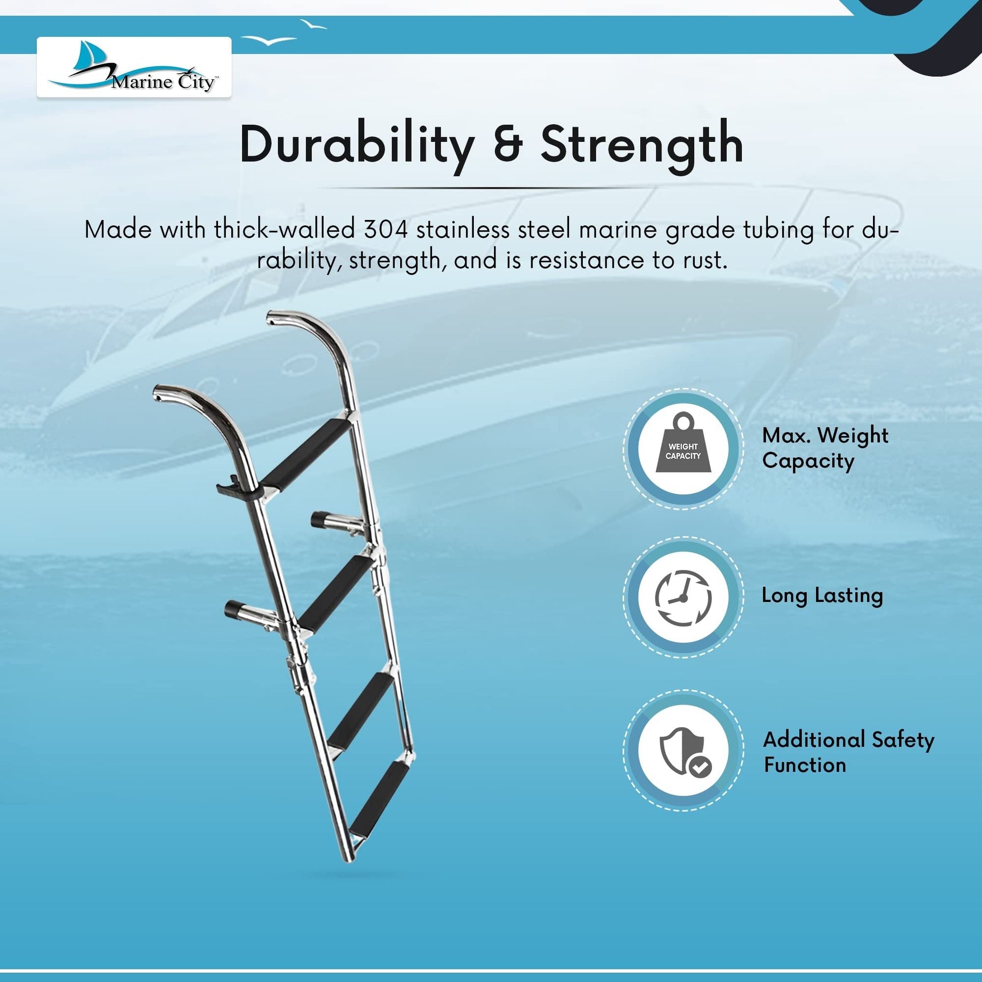 Marine City 2+2 Step Foldable Boarding Ladder – 304 Stainless Steel Boat Ladder Marine City