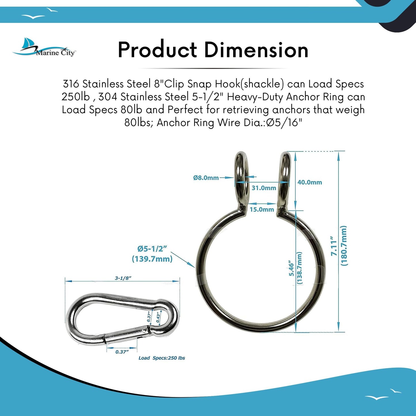 Marine City Boat Anillo de anclaje resistente y grillete para tiradores de anclaje Accesorios marinos