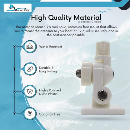 Marine City White Nylon Antenna Mount Heavy-Duty 1"-14 Thread Base, UV-Resistant Marine City