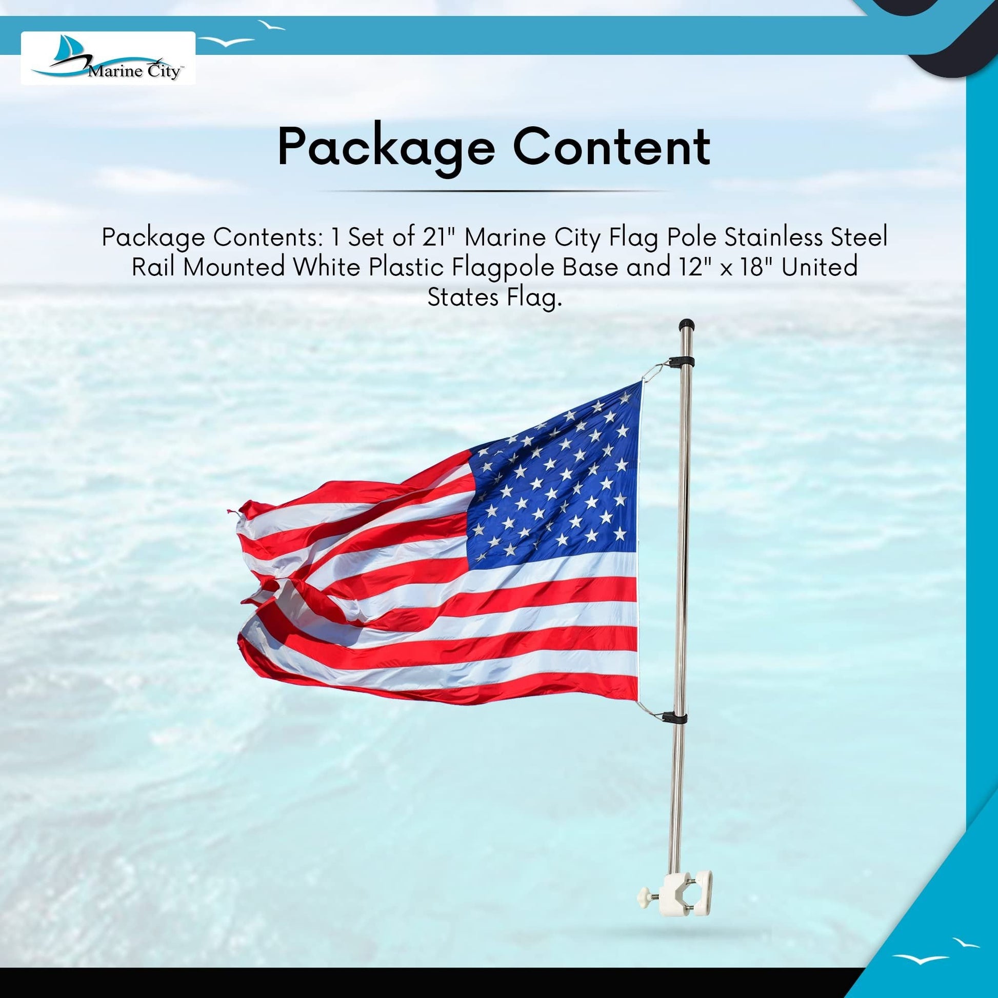 Marine City 21" Rail Mounted Flag Staff – 304 Stainless Steel, with US Flag Marine City