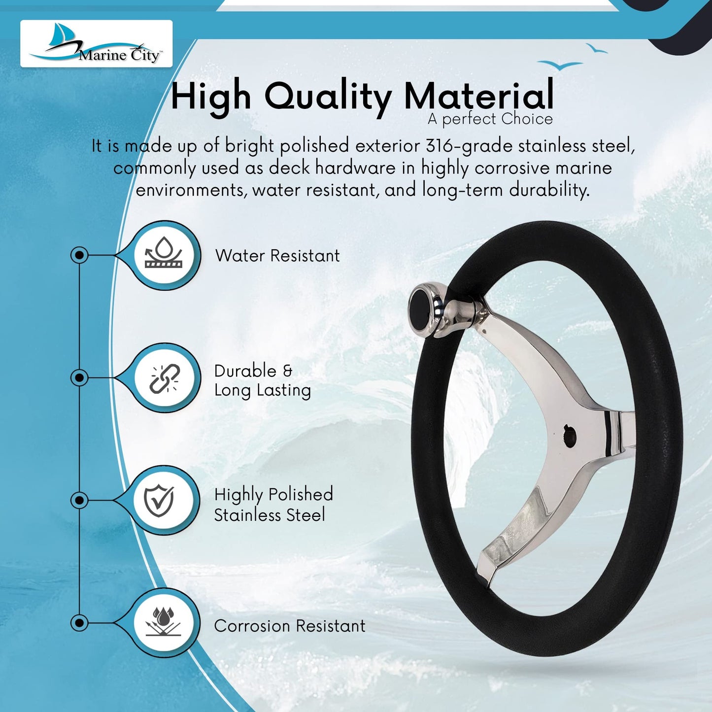 MARINE CITY 3-Spoke Steering Wheel with Knob – 13-1/2” 316 Stainless Steel