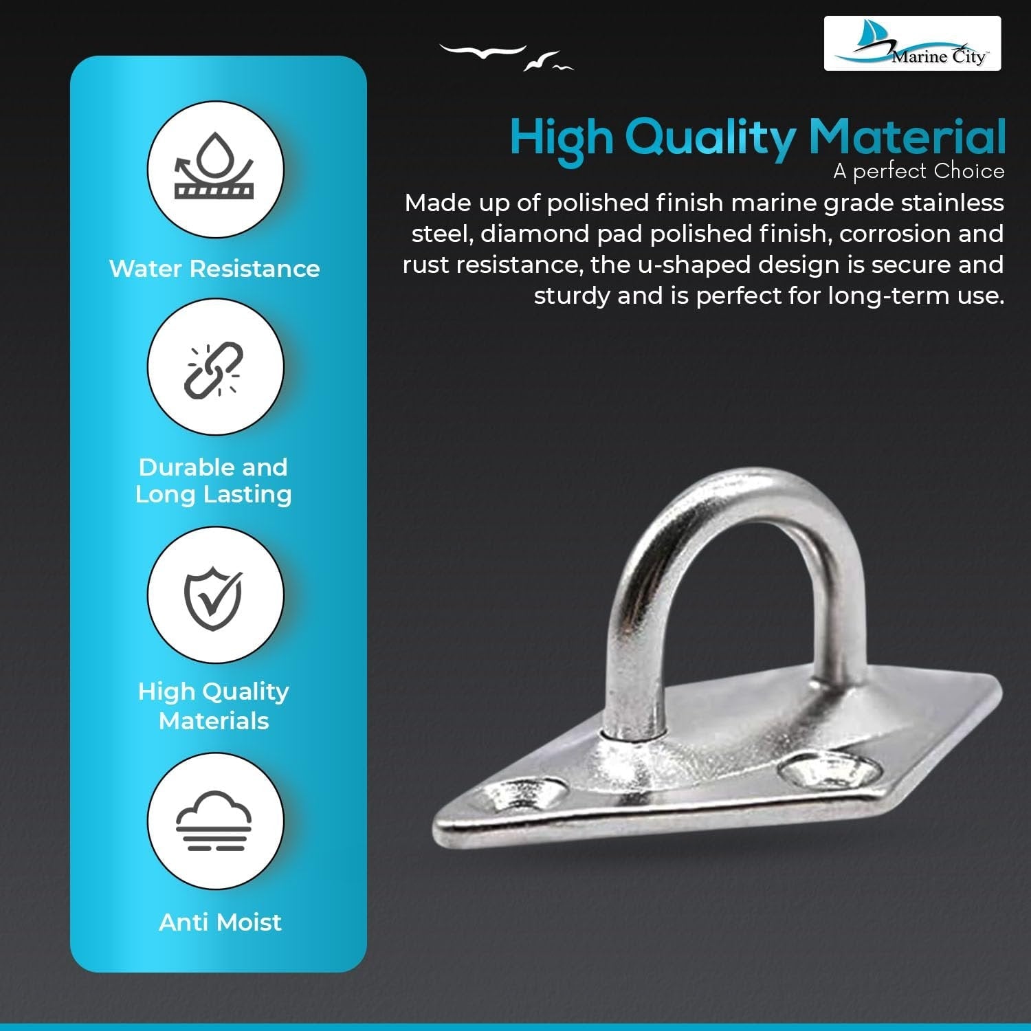 Marine City U-Shaped Pad Eye – Polished Stainless Steel, 2-3/8 x 1-1/2", (2 Pcs) Marine City Hardware