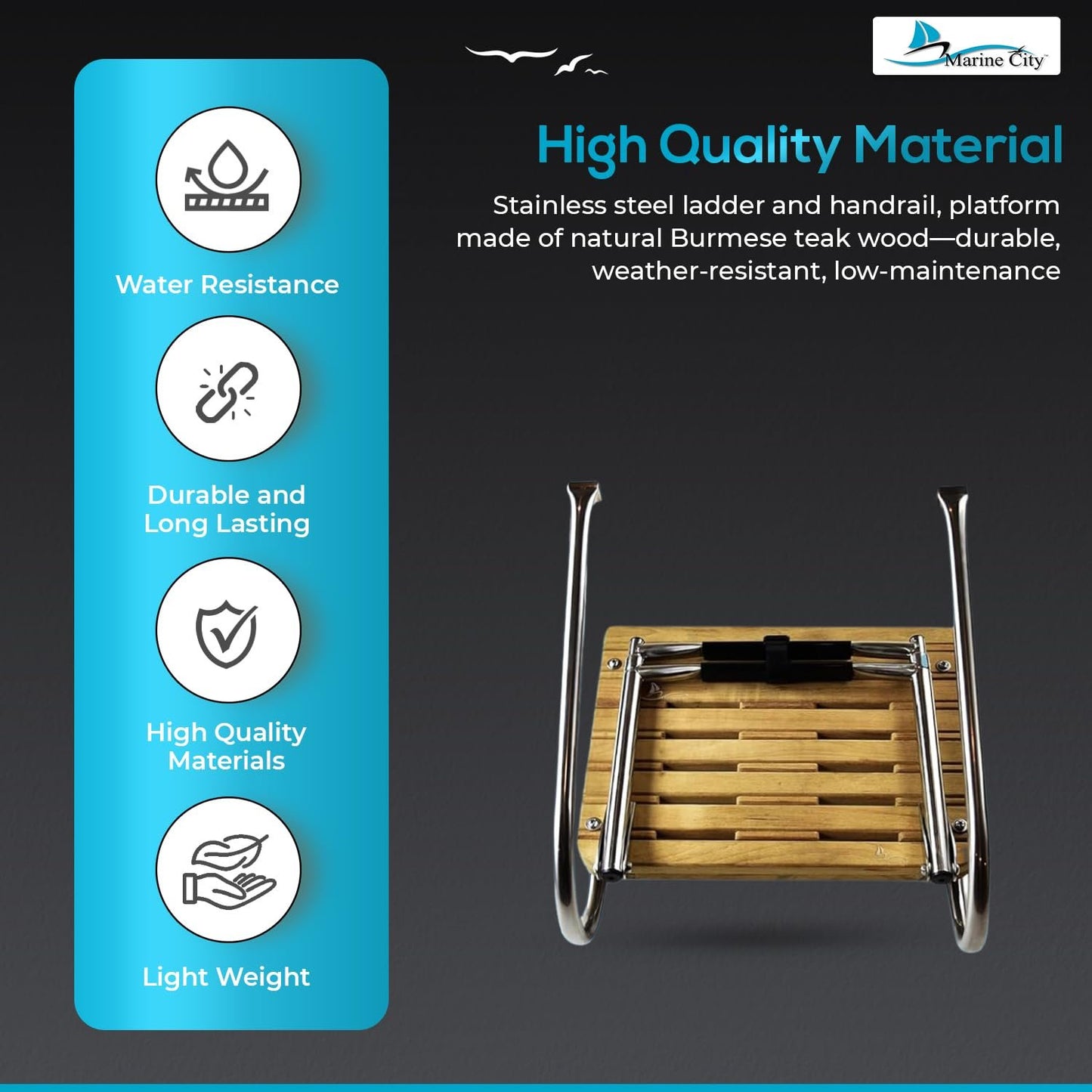 MARINE CITY Escalera de plataforma de teca para baño de 2 escalones marinos de acero inoxidable I/B