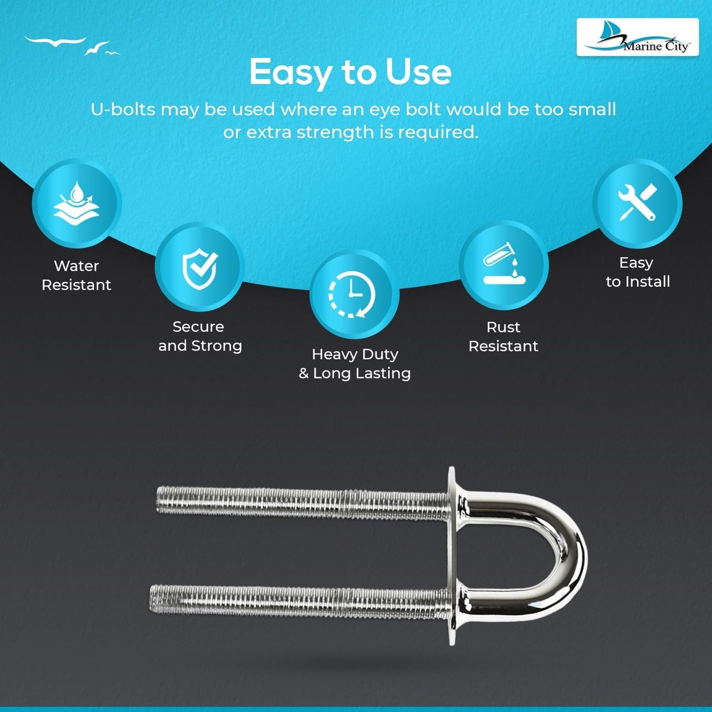 Marine City 304 Stainless Steel Stern Bow Eye Tie Down U-Bolt – 8 x 5/8 Inches Marine City Hardware