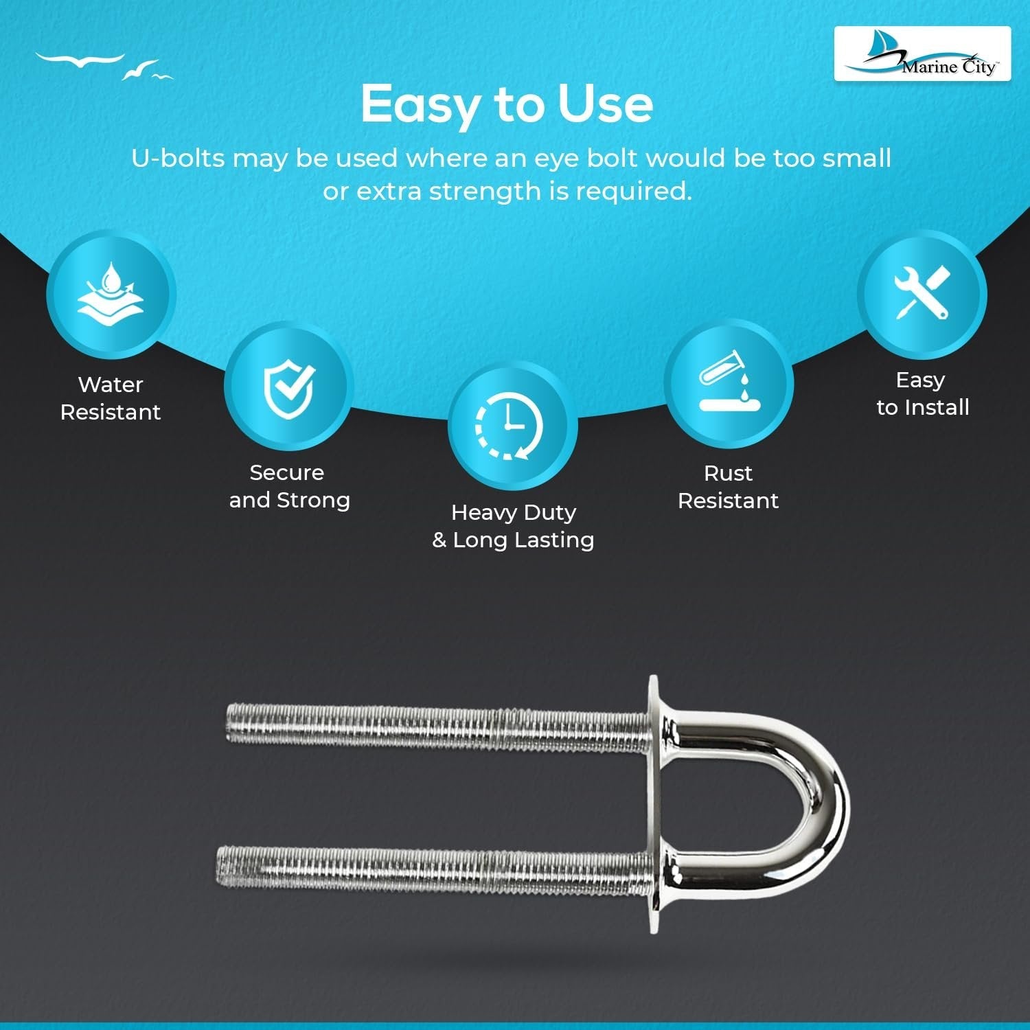 Marine City 304 Stainless Steel Stern Bow Eye Tie Down U-Bolt – 8 x 5/8 Inches Marine City Hardware