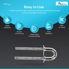 Marine City 304 Stainless Steel Stern Bow Eye Tie Down U-Bolt – 8 x 5/8 Inches