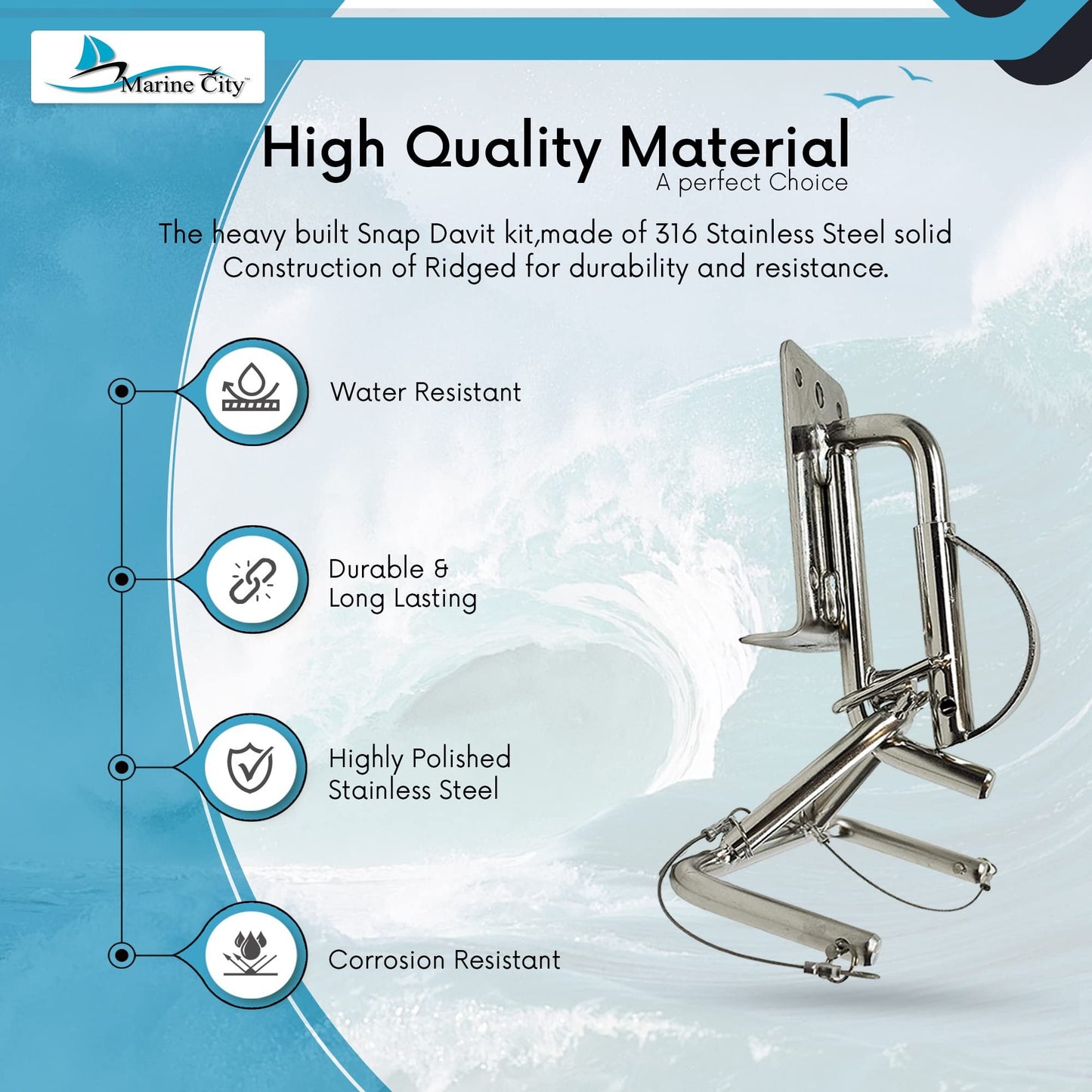 Marine City 316 Acero inoxidable Snap Insta-Lock Quick Davits para bote inflable Kit de sistema de bloqueo instantáneo