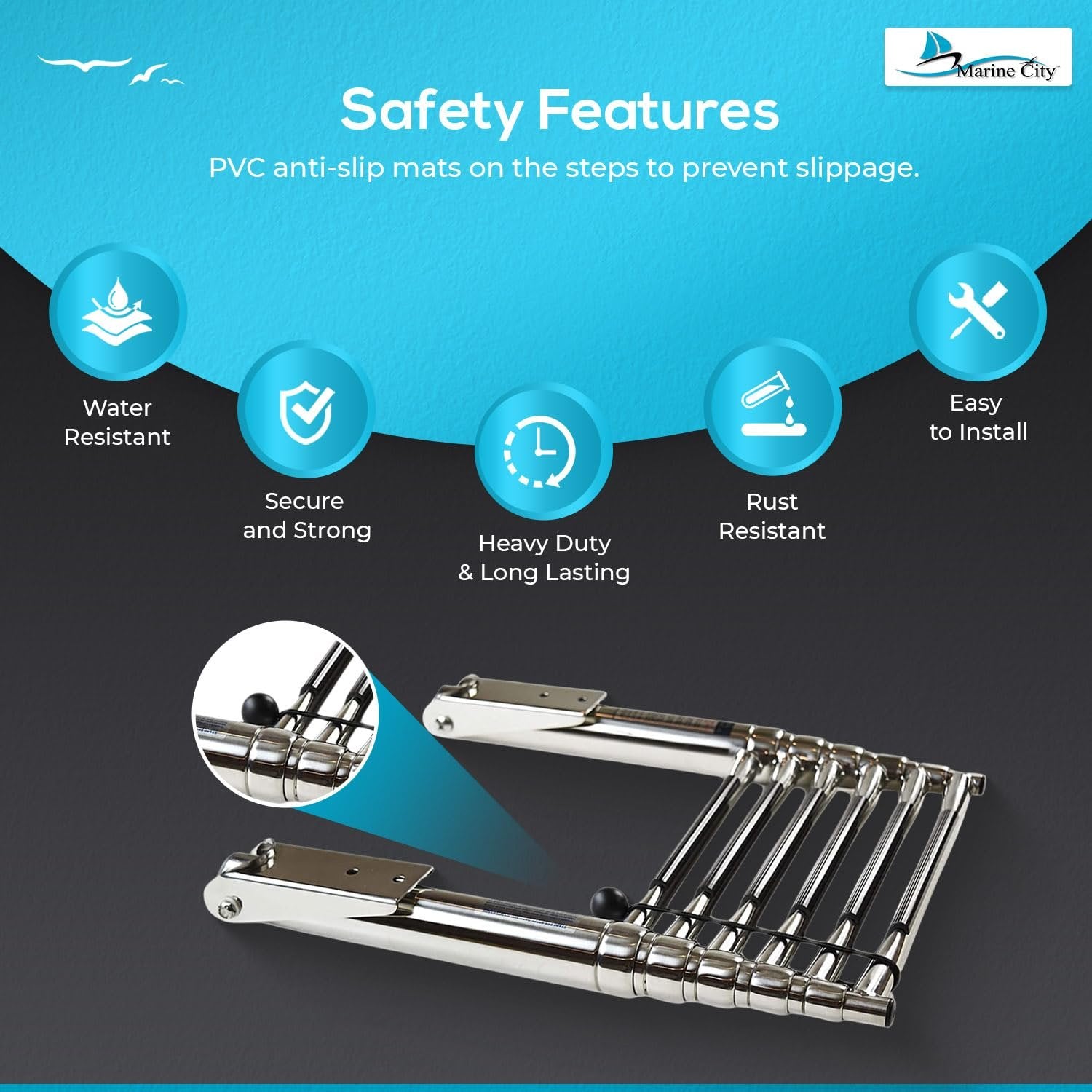 Marine City 6-Step Telescoping Swim Ladder, 304 Stainless Steel, 400 lb Capacity MARINE CITY