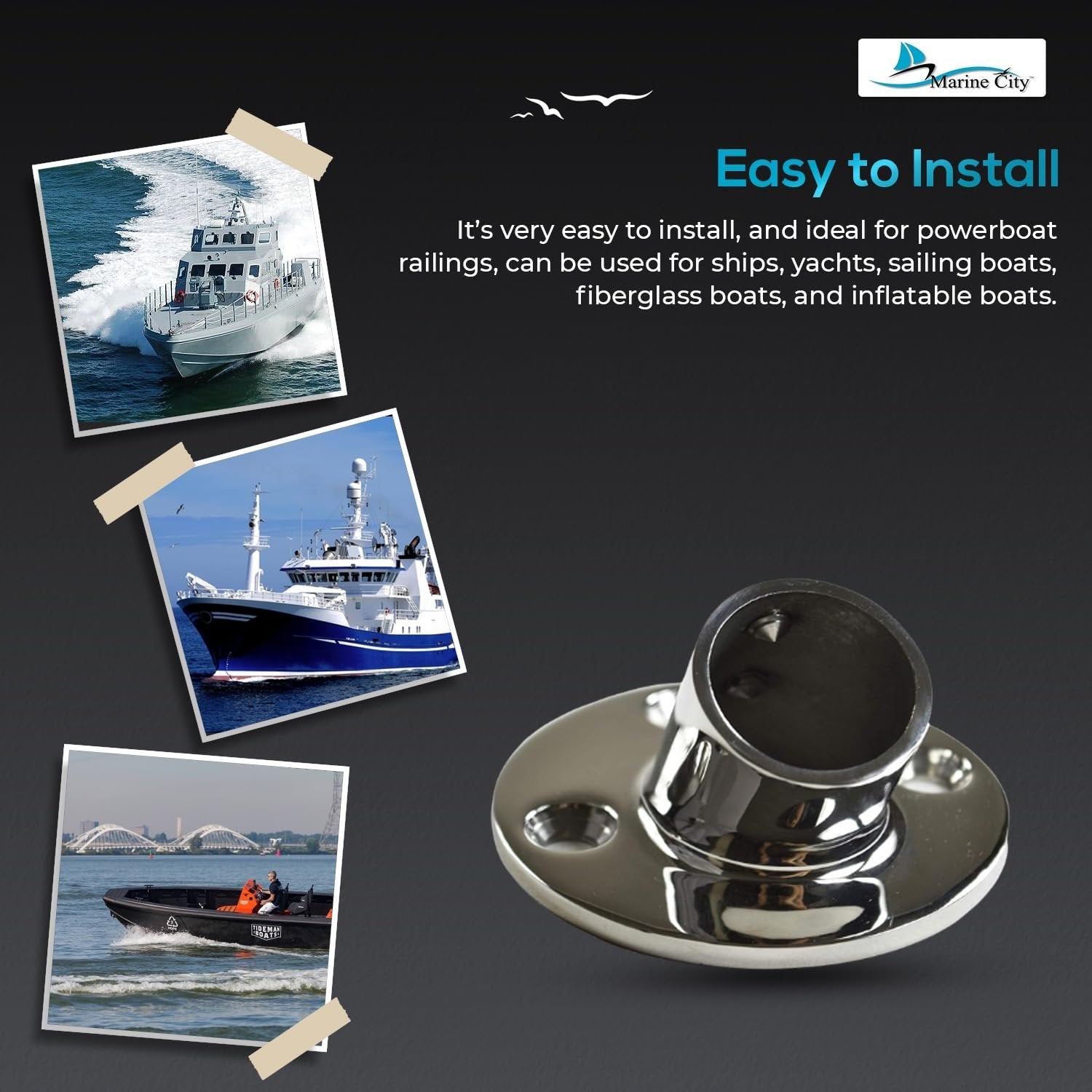 Marine City 316 Stainless Steel Boat Hand Railing Fittings – 1” Round Base Marine City