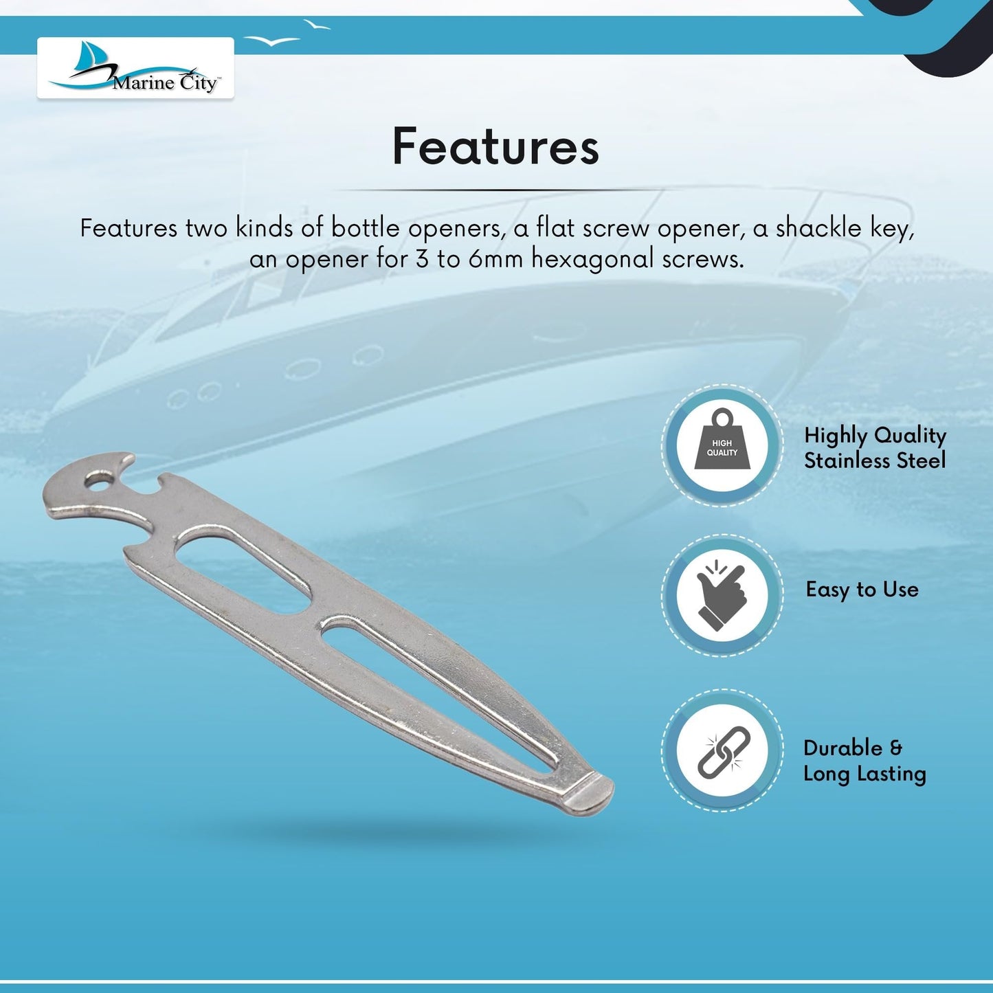 Marine City 304 Stainless Steel Shackle Key – Multi-Tool with Bottle Openers MARINE CITY