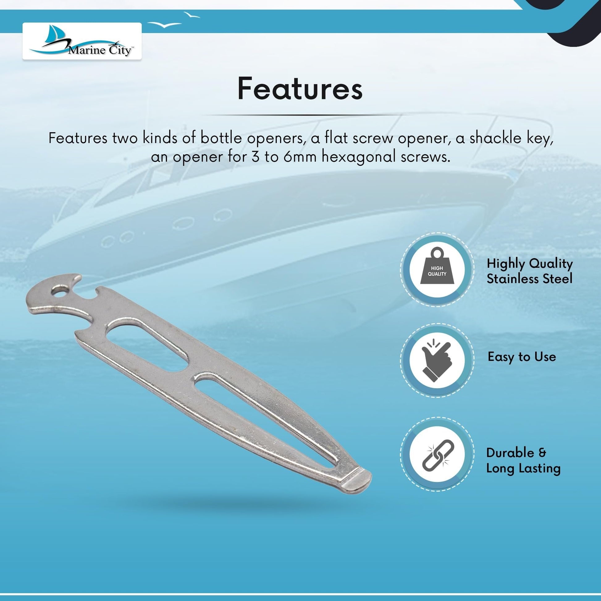 Marine City 304 Stainless Steel Shackle Key – Multi-Tool with Bottle Openers MARINE CITY