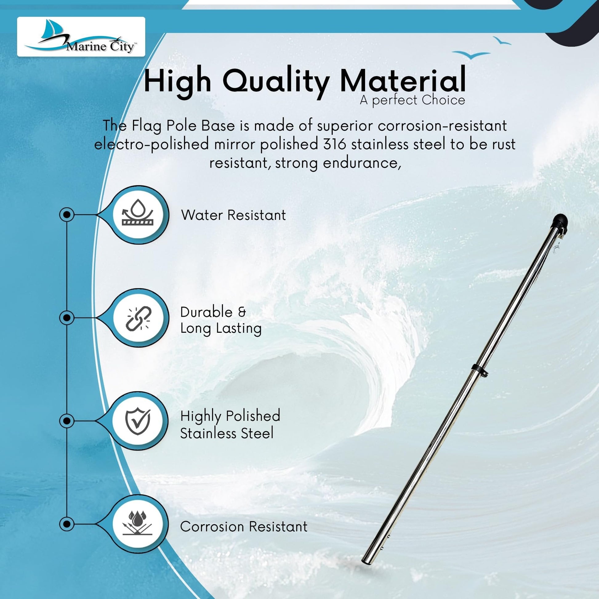 Marine City 32” Flag Stanchion Pole, Stainless Steel with 316 Base, Adjustable MARINE CITY