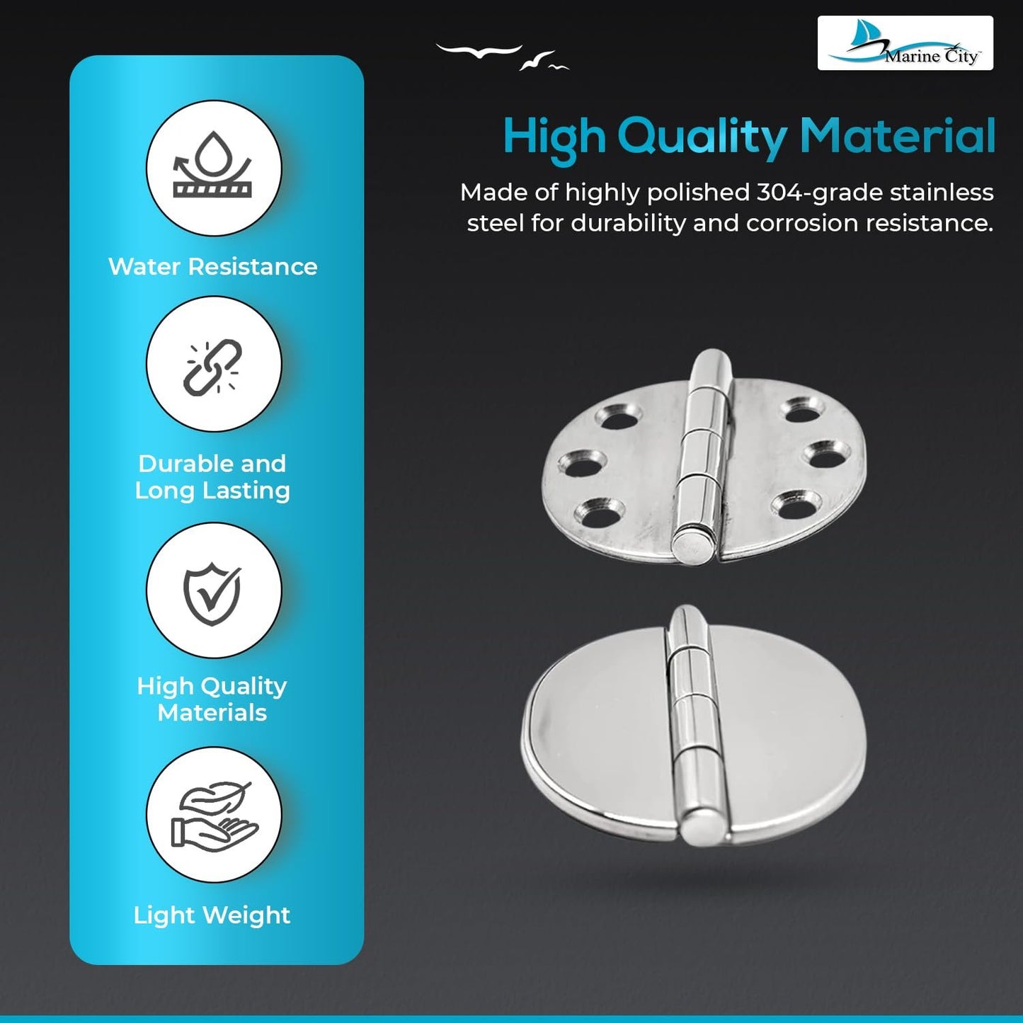 Marine City Stainless Steel Flush 65mm Strap Round Side Hinges w/ Cover (2 Pcs)