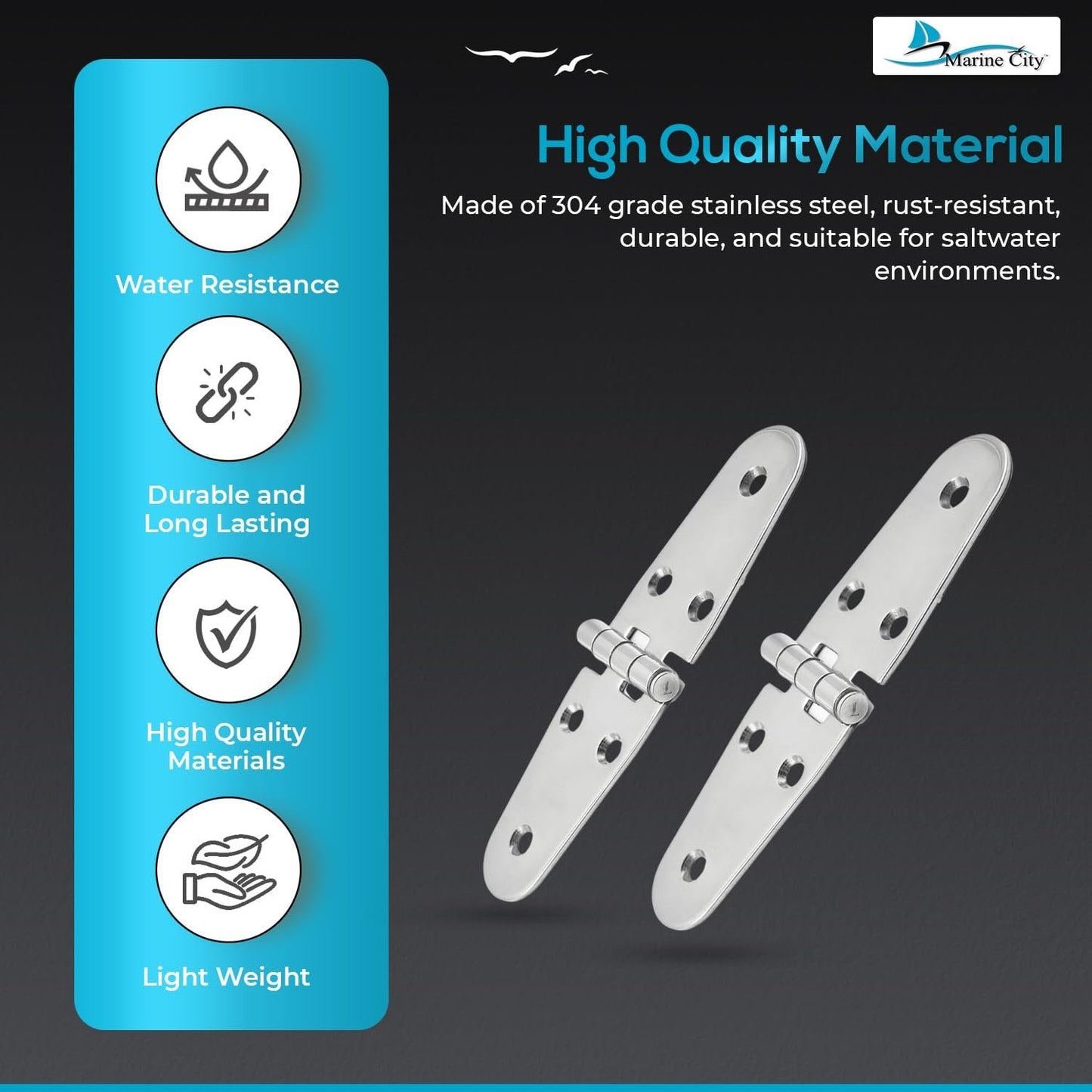 Marine City 304 Stainless Steel Round Door Strap Hinges (5-5/8” × 1.5”) (2 Pcs) Marine City