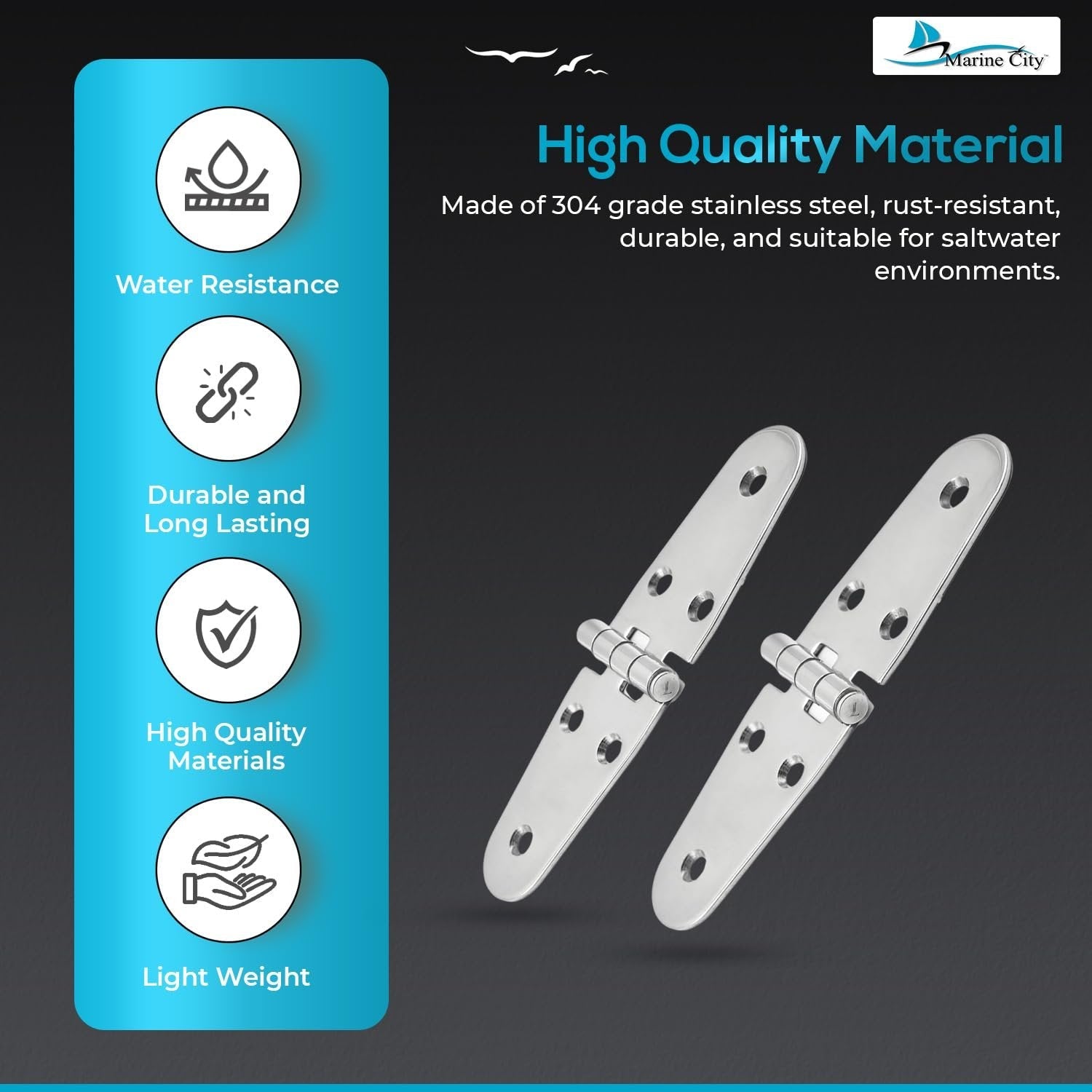 Marine City 304 Stainless Steel Round Door Strap Hinges (5-5/8” × 1.5”) (2 Pcs) Marine City