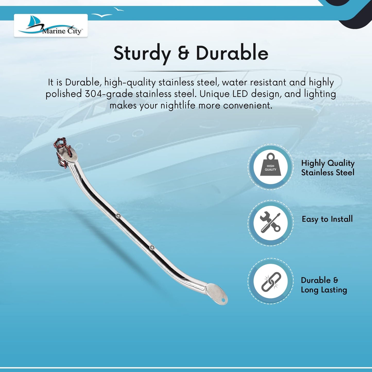 Marine City 16-Inch Grab Rail Handle with 2 Blue LED Lights–304 Stainless Steel Marine City