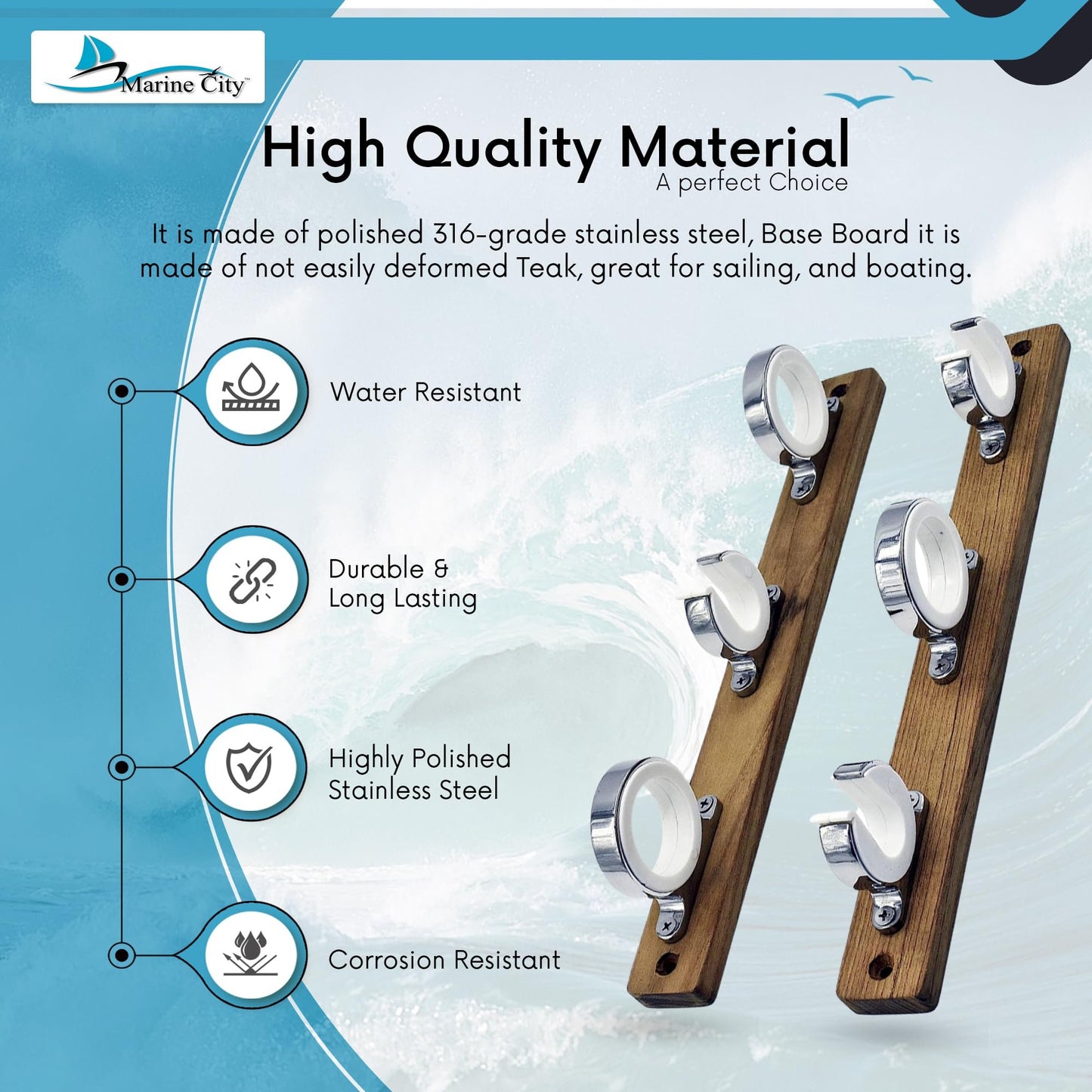 Marine City 3-Rod Reel Fishing Rod Storage Hanger Rack – 316 Stainless Steel