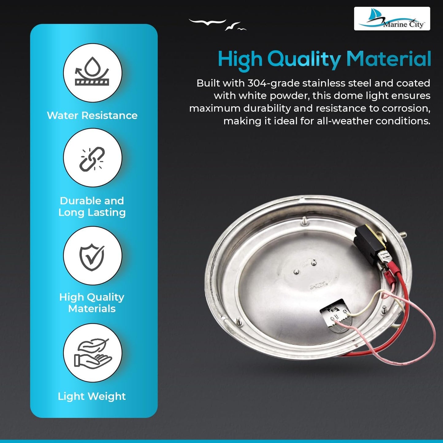 Marine City 304 Stainless Steel LED Dome Light – 4” Lens, 3W, Long Battery Life Marine City