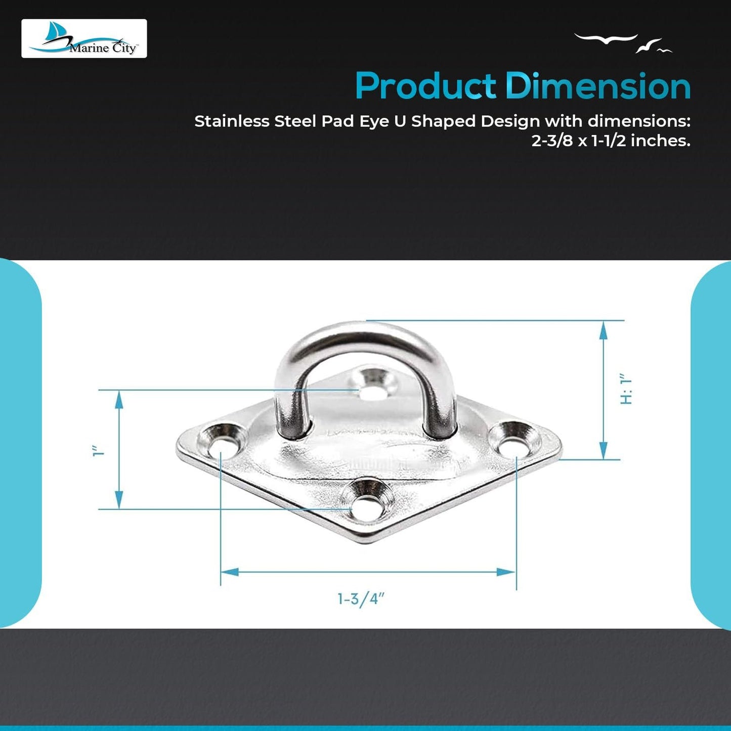 Marine City U-Shaped Pad Eye – Polished Stainless Steel, 2-3/8 x 1-1/2", (8 Pcs)